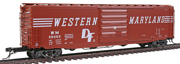 50' PS-1 Boxcar w/10' Youngstown Door & Working Cushion Underframe - Assembled -- Western Maryland (Factory-new 1965; Red Oxide w/Speed Lettering)