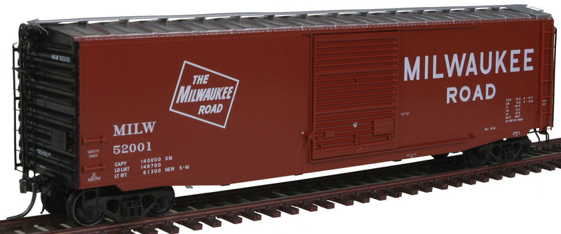 Pullman-Standard 50' PS-1 Boxcar w/9' Door - Ready to Run -- Milwaukee Road #52001 (Boxcar Red, silver, black, Large Lettering & Logo)