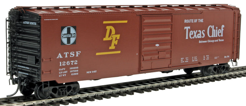 PS-1 50' Boxcar w/8' Door - Ready to Run -- ATSF #12672 (Built 1957 Boxcar Red, Route of the Texas Chief Slogan)