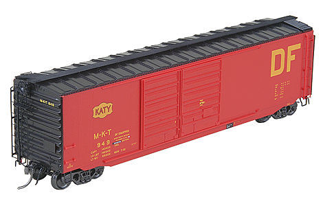 50' PS-1 Boxcar w/15' Odd PS Doors, Steep Side Sill & Scale Couplers -- Missouri-Kansas-Texas #949 (red)