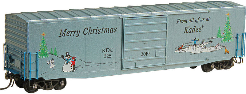 50' PS-1 Boxcar with 10' Door - Ready to Run -- 2019 Kadee Christmas Car #025 (Christmas Tree, Snow Angel, Snowman Graphics)