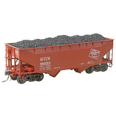 50-Ton AAR Standard Offset 2-Bay Open Hopper w/Coal Load - Ready to Run -- Milwaukee Road #96053 (As Delivered, 1948, Boxcar Red, CMStP&P Logo)