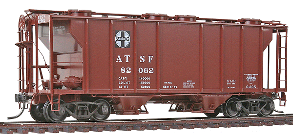 PS-2 2-Bay Covered Hopper w/Hat Rib, Notched Hatch Covers & HGC Trucks -- Santa Fe #82062 (Mineral Red)