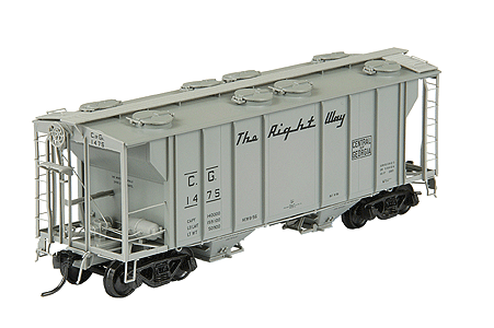 PS-2 Two-Bay Covered Hopper w/Scale Coupler; Channel Ribs, Tube Defect Holde -- Central Of Georgia "The Right Way" #1475 (gray w/black lettering)