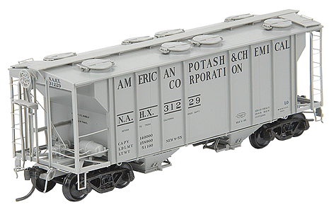 PS-2 Two-Bay Covered Hopper w/Scale Coupler; Channel Ribs, Tube Defect Holde -- North American Potash - NAHX #31229 (Alkali Resisting Light Gray, black)