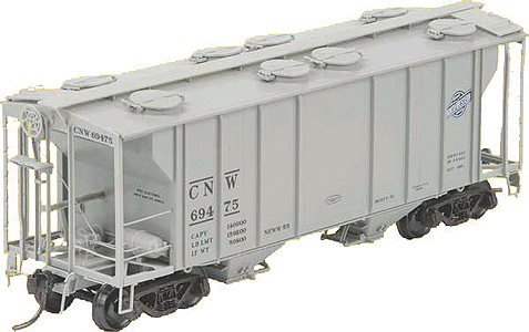 PS-2 2-Bay Covered Hopper; Channeled Sides w/Box Defect Card Holder -- Chicago & North Western #69475 (Alkali Resisting Light Gray)