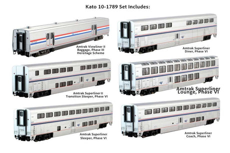 Viewliner Baggage & 5 Superliner Car Bookcase Set -- Amtrak (Phase VI; silver, blue, red)-1