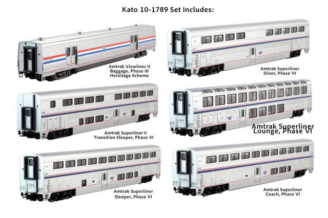 Viewliner Baggage & 5 Superliner Car Bookcase Set -- Amtrak (Phase VI; silver, blue, red)-1