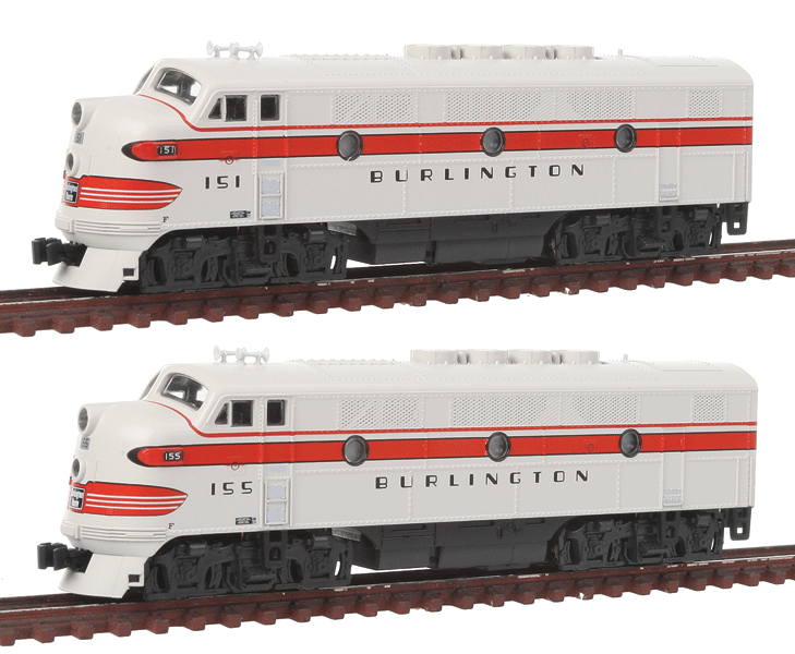 EMD F2 A-A Set w/Dual Headlight & Dynamic Brakes - Standard DC -- Chicago, Burlington & Quincy #151, 155 (gray, red)