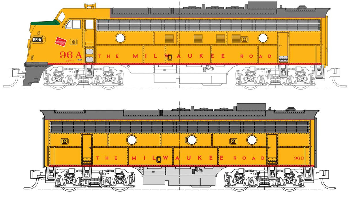 EMD FP7A-F7B Set - Standard DC -- Milwaukee Road #96A, 96B (Post 1955, Armour Yellow, gray, red)