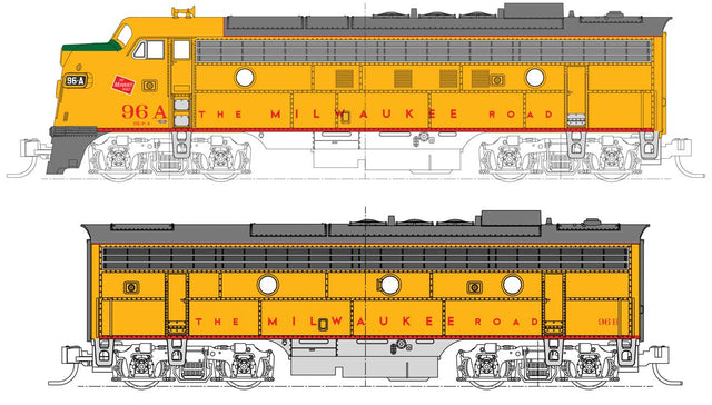 EMD FP7A-F7B Set - Standard DC -- Milwaukee Road #96A, 96B (Post 1955, Armour Yellow, gray, red)