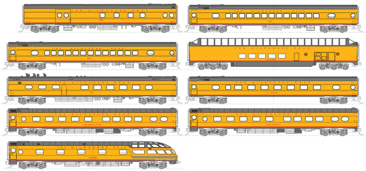 Olympian Hiawatha 9-Car Passenger Set - Post-1955 Version - Ready to Run -- Milwaukee Road (Armour Yellow, gray, red)