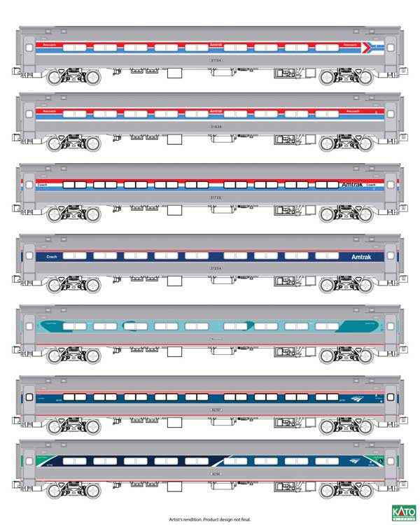 Amfleet 1 Coach 7-Pack with Interior Lights - Ready to Run -- Amtrak 1 Each of All Phases of Paint Schemes