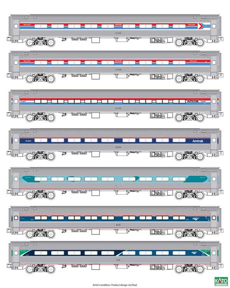 Amfleet 1 Coach 7-Pack - Ready to Run -- Amtrak 1 Each of All Phases of Paint Schemes