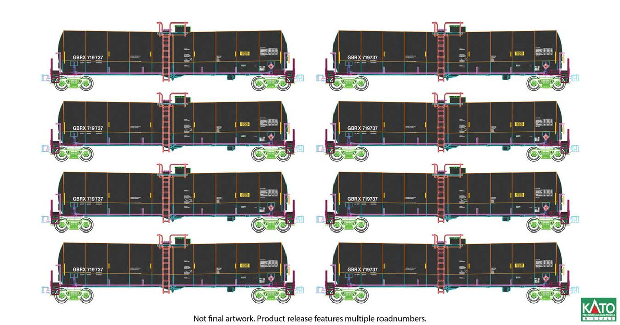 Greenbrier Tank Car 8 Pack - Ready to Run -- Greenbrier Leasing GBRX Set #2 (black, yellow conspicuity marks)-1