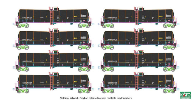 Greenbrier Tank Car 8 Pack - Ready to Run -- Greenbrier Leasing GBRX Set #2 (black, yellow conspicuity marks)-1