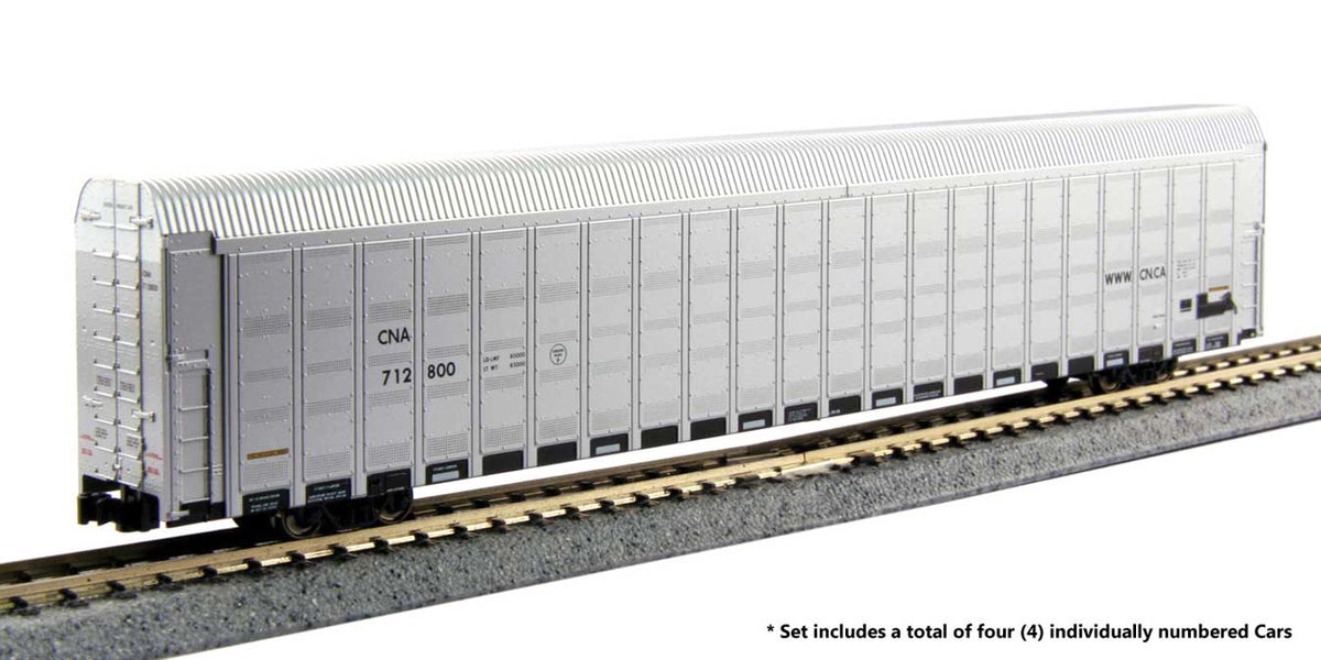 Aluminum Enclosed Auto Carrier 4-Pack - Ready to Run -- Canadian National #712846, 712849, 712853, 712952 (silver, black)