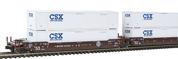 Gunderson MAXI_IV Double Stack Well Car with 6 CSX Containers -- Burlington Northern Santa Fe #253561