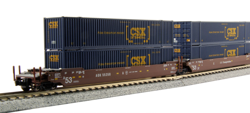 Gunderson MAXI-IV 3-Unit Well Car w/53' Containers - Ready to Run -- Arkansas-Oklahoma #55358 (Boxcar Red, CSX How Tomorrow Moves Containers)