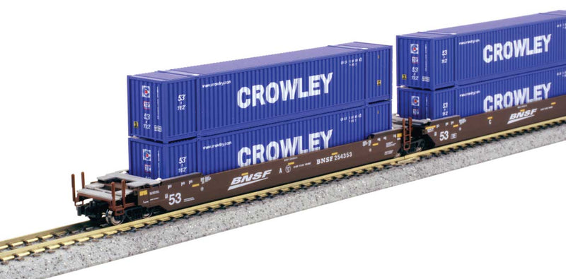 Gunderson MAXI-IV 3-Unit Well Car w/53' Containers - Ready to Run -- BNSF Railway 254353 (Boxcar Red, Wedge Logo, Crowley Containers)