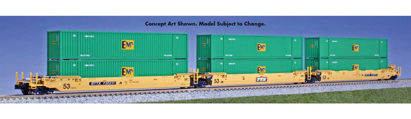 Gunderson MAXI-IV 3-Unit Well Car with 6 53' Containers - Ready to Run -- TTX DTTX #732256 (yellow, black, white, EMP Containers, green)