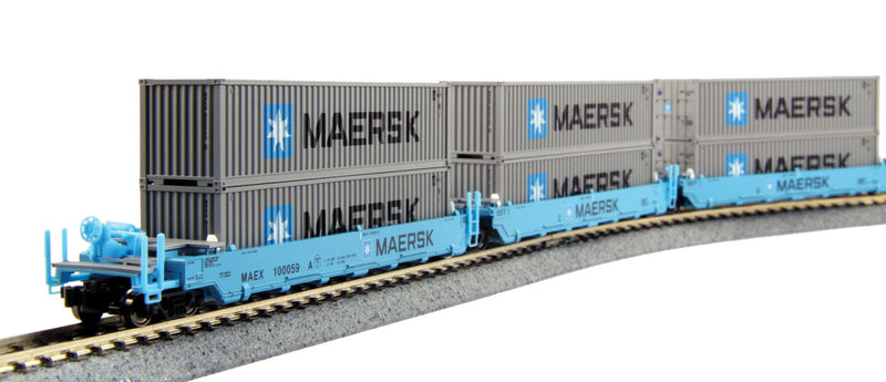Gunderson Maxi-I 5-Unit Double-Stack Well Car w/10 40' Containers Ready to Run -- Maersk #100008 (blue, white, black w/silver Maersk Containers)