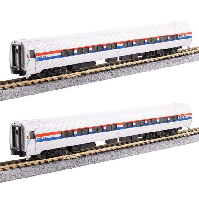 Amfleet II Coach with Interior Lights 2-Pack - Ready to Run -- Amtrak #25068, 25000 (Phase III, equal red, white, blue stripes)