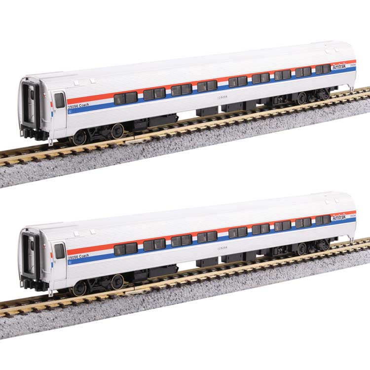 Amfleet II Coach 2-Pack - Ready to Run -- Amtrak #25068, 25000 (Phase III, equal red, white, blue stripes)