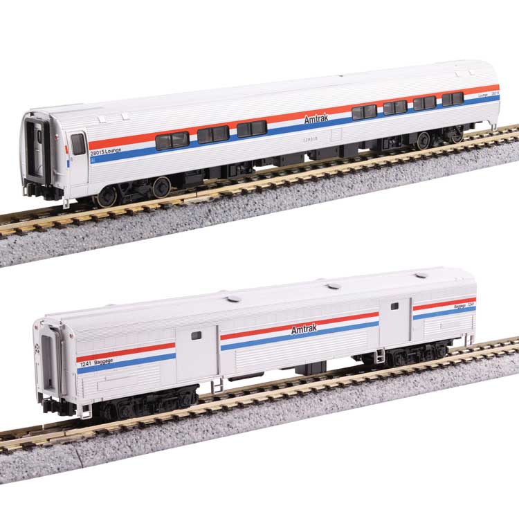 Amfleet II Lounge, 73' Baggage Car Set - Ready to Run -- Amtrak #28023, 1212 (Phase III, equal red, white, blue stripes)