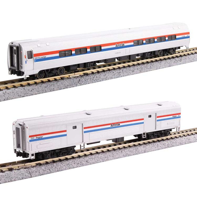 Amfleet II Lounge, 73' Baggage Car Set - Ready to Run -- Amtrak #28023, 1212 (Phase III, equal red, white, blue stripes)