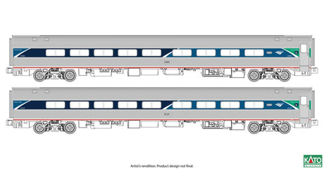 Amfleet II Coach 2-Pack with Interior Lights - Ready to Run -- Amtrak #25003, 25107 (Phase VII, stainless, blue, green)