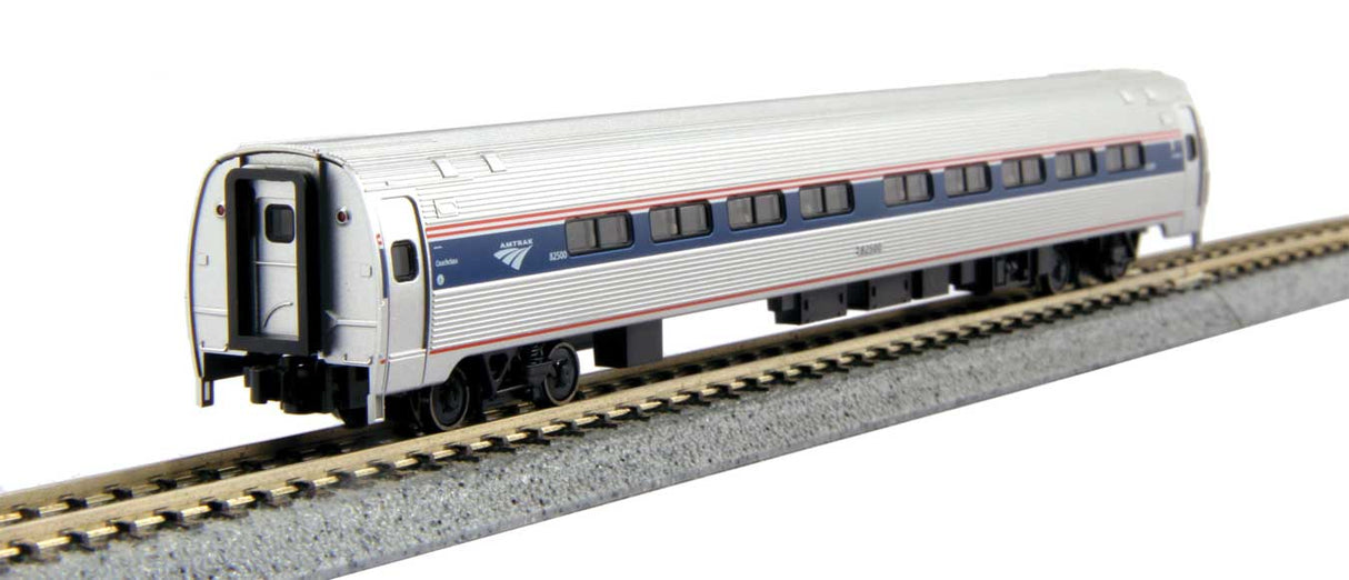 Amfleet I Coach 2-Pack with Interior Lighting - Ready to Run -- Amtrak #82039, 82755 (Set A: Phase VI; Wide blue Stripe, Travelscape Logo)