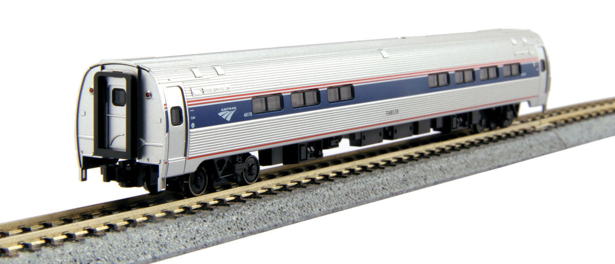 Amfleet I Coach & Cafe Set - Ready to Run -- Amtrak #82647, 48159 (Set B, Phase VI; Wide Blue Stripe, Travelscape Logo)-2
