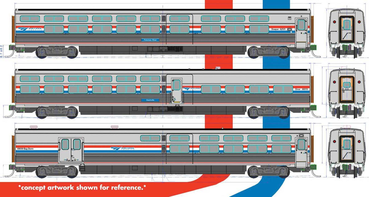 Viewliner II Set - 2 Sleepers, Diner, Baggage-Dorm - Ready to Run -- Amtrak (Phase III; silver, red, white, blue)