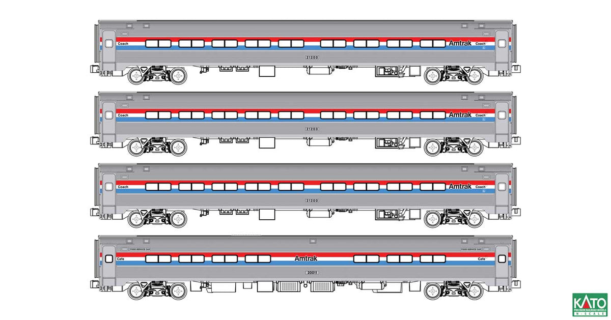 Amfleet I 3 Coach & Cafe Set - Ready to Run -- Amtrak #21200, 21226, 21267, 20011 (Phase III, equal red, white, blue stripe