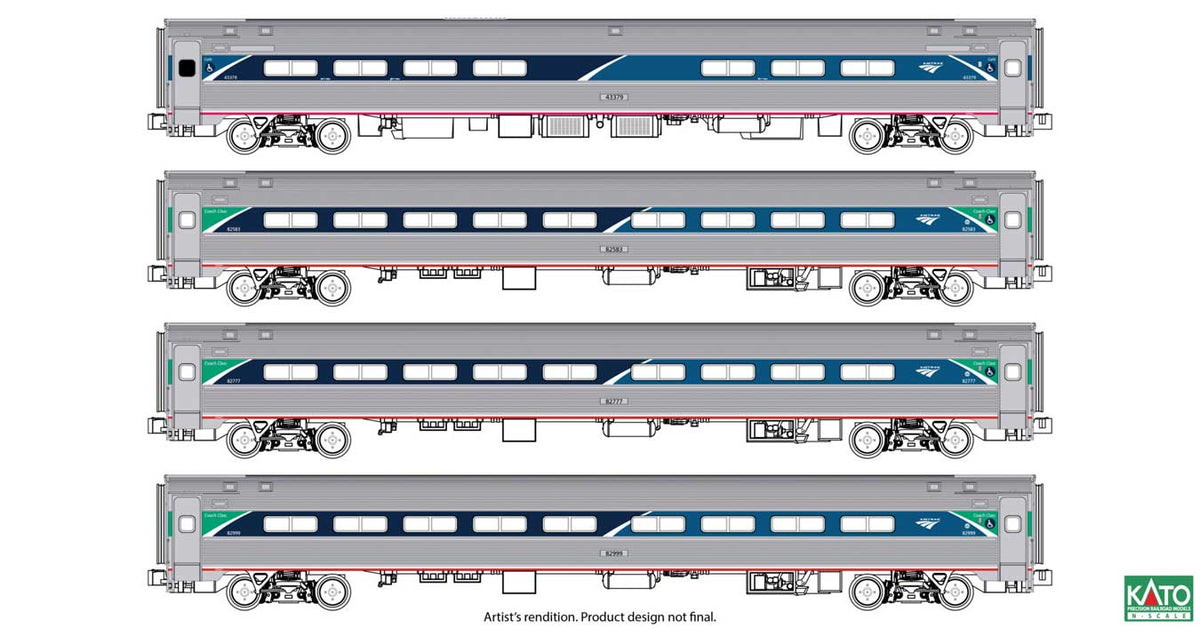 Amfleet I 3 Coach & Cafe Set - Ready to Run -- Amtrak #43379, 82583, 82777, 82899 (Phase VII, stainless, blue, green)