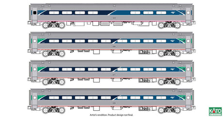 Amfleet I 3 Coach & Cafe Set - Ready to Run -- Amtrak #43379, 82583, 82777, 82899 (Phase VII, stainless, blue, green)