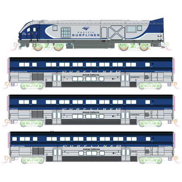 Pacific Surfliner Base Train-Only Set - Standard DC - Interior Lights -- Amtrak SC-44 Charger, 2 Coaches, Cab Car (blue, silver)