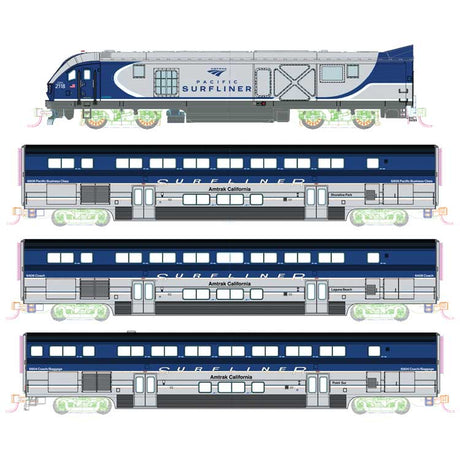 Pacific Surfliner Base Train-Only Set - Sound and DCC - Interior Lights -- Amtrak SC-44 Charger, 2 Coaches, Cab Car (blue, silver)
