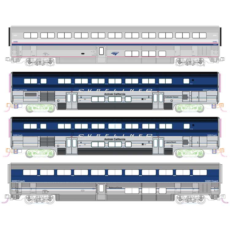 Pacific Surfliner Add-On Set - Interior Lights -- Amtrak 2 Surfliner & 2 Superliner Coaches (3 in blue, silver, 1 Amtrak Ph 4