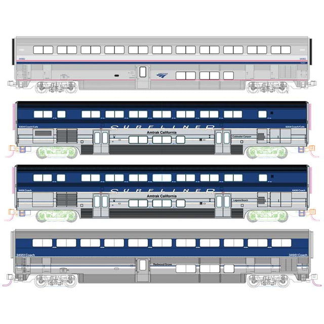 Pacific Surfliner Add-On Set - Interior Lights -- Amtrak 2 Surfliner & 2 Superliner Coaches (3 in blue, silver, 1 Amtrak Ph 4
