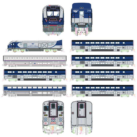 Pacific Surfliner Train-Only Set - Sound and DCC -- Amtrak SC-44 5 Surfliner & 2 Superliner Coaches (6 blue, silver; 1 Amtrak P