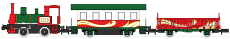 Christmas Train-Only Set - Standard DC - Pocket Line -- 0-4-0T #1225, Powered Passenger Car, Gondola (Christmas Colors)