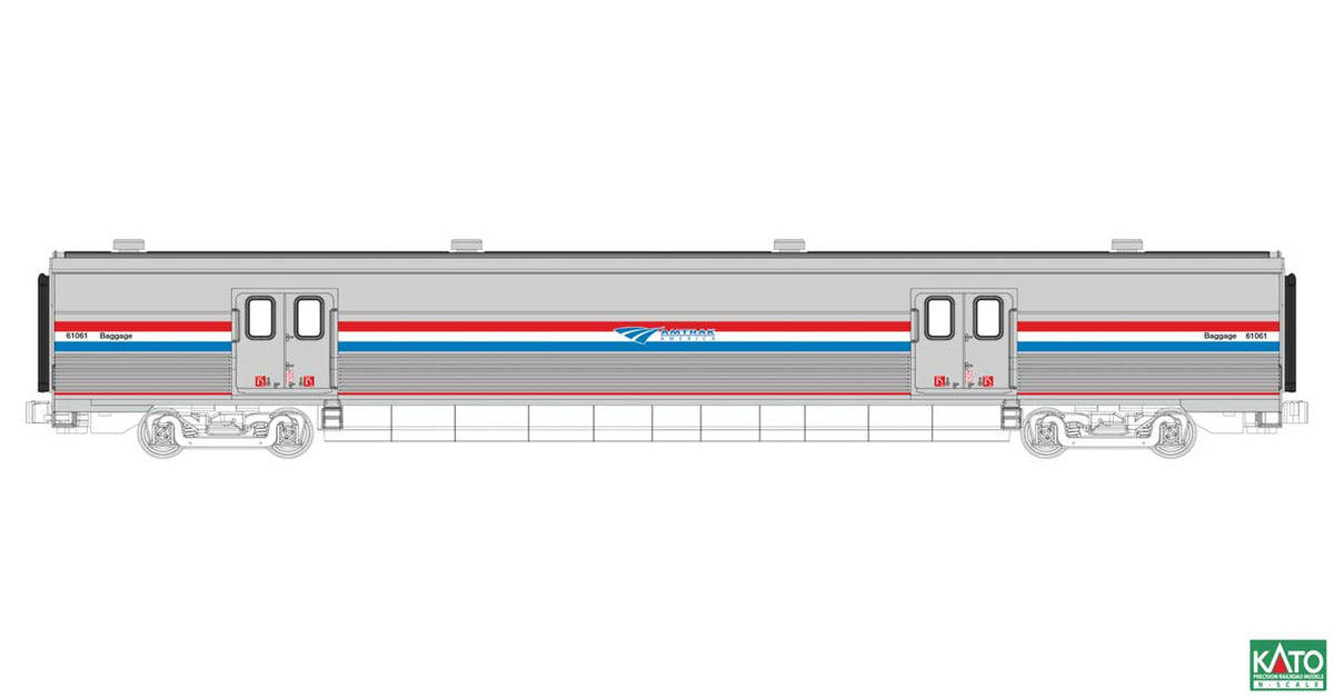 Viewliner II Baggage Car - Ready to Run -- Amtrak #61061 (Phase III; Stainless; red, white, blue; Travelscape Logo)