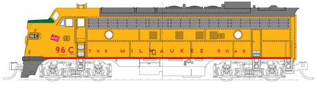 EMD FP7A - Standard DC -- Milwaukee Road #96C (Post 1955, Armour Yellow, gray, red)