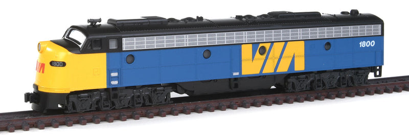 EMD E8A w/Single Headlight & Passenger Pilot, No Dynamics - Standard DC -- VIA Rail Canada #1800 (blue, yellow; Red Logo on Nose)