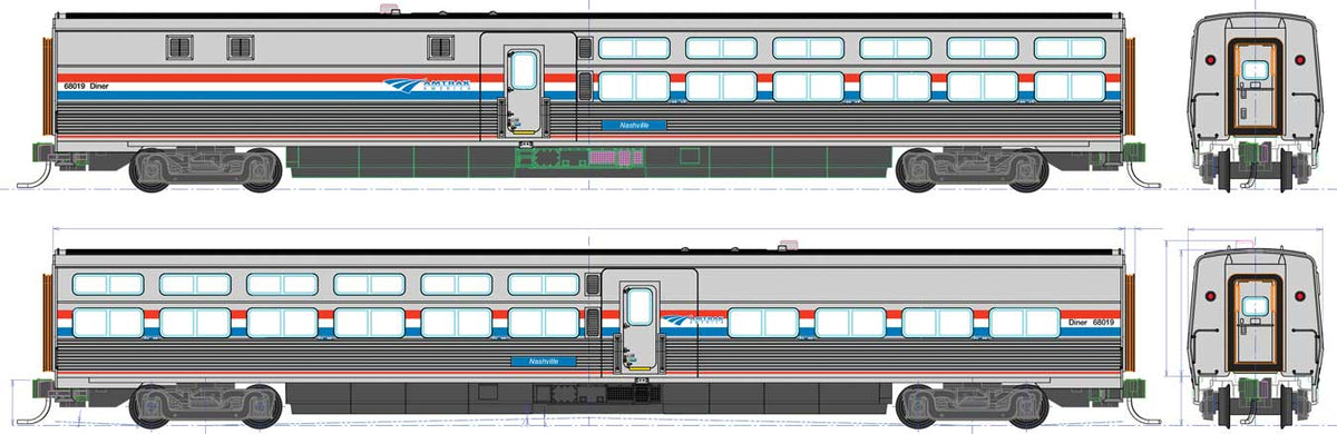 Viewliner II Diner - Ready to Run -- Amtrak #68012 Harrisburg (Phase III silver; red, white, blue)
