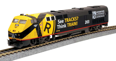 GE P42 Genesis - Sound, DCC, Working Ditch Lights -- Amtrak #203 (Operation Lifesaver 50th Anniversary; black, yellow)