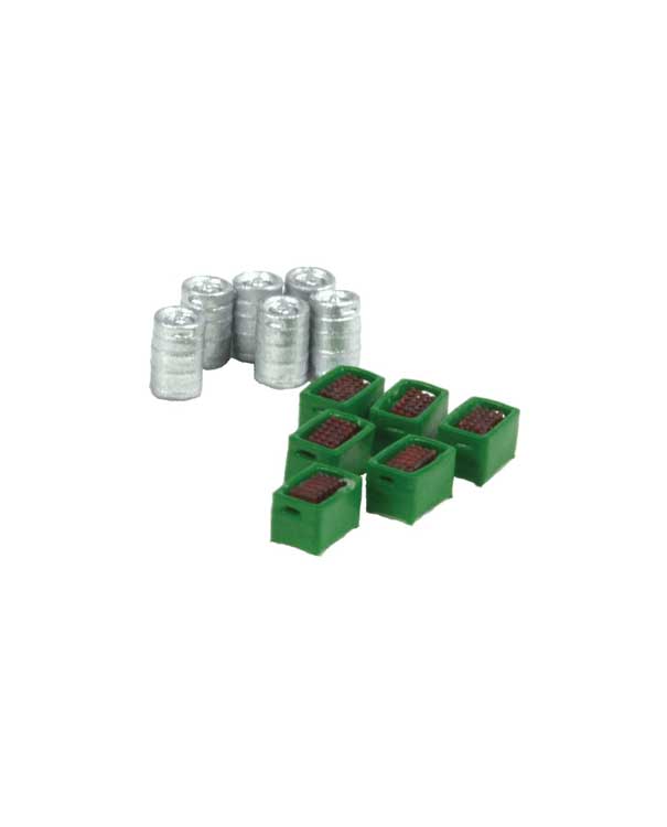 6 Beer Kegs and 6 Boxes of Bottles -- Green Boxes & Brown Bottles, Silver Kegs