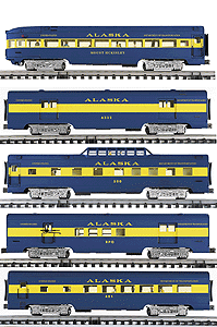 Gold Line(tm) 15" Passenger Car 6-Pac -- Alaska Railroad 1 Each RPO, Diner, Baggage, Observation & 2 Dome Cars